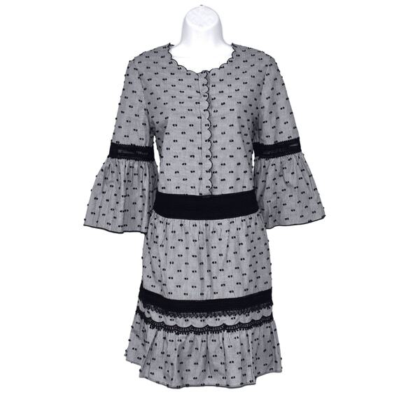 A5 NEW KOBI HALPERIN Gray & White Pinstripe Black Dots Bell Sleeve Dress Size XS - Picture 2 of 6